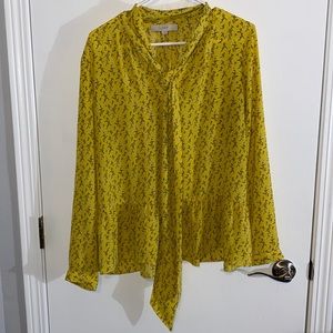 NWOT Loft Large Mustard Floral Tie Neck Blouse
